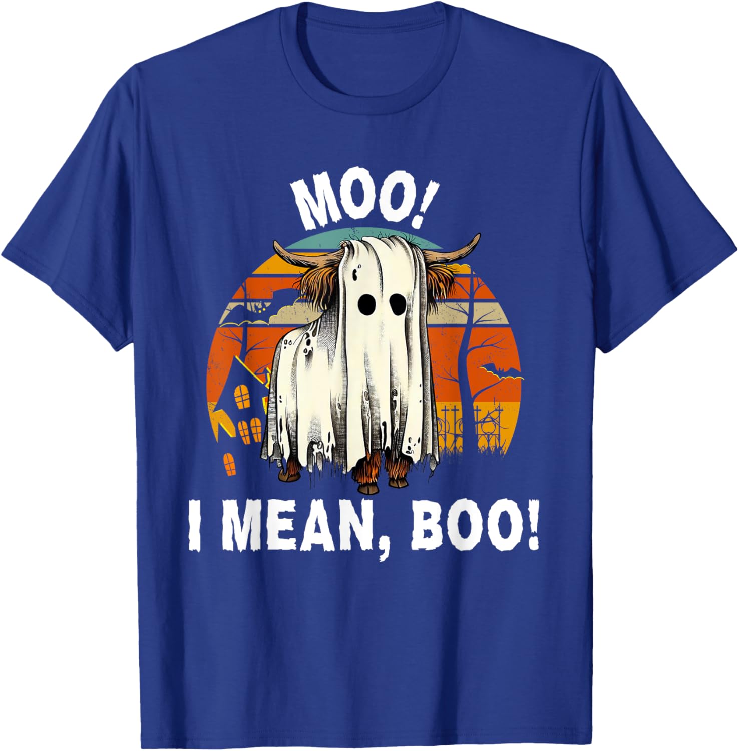 Funny Halloween Highland Cow, Cute Vintage Ghost Cow T-Shirt - T-Shirt | Royal