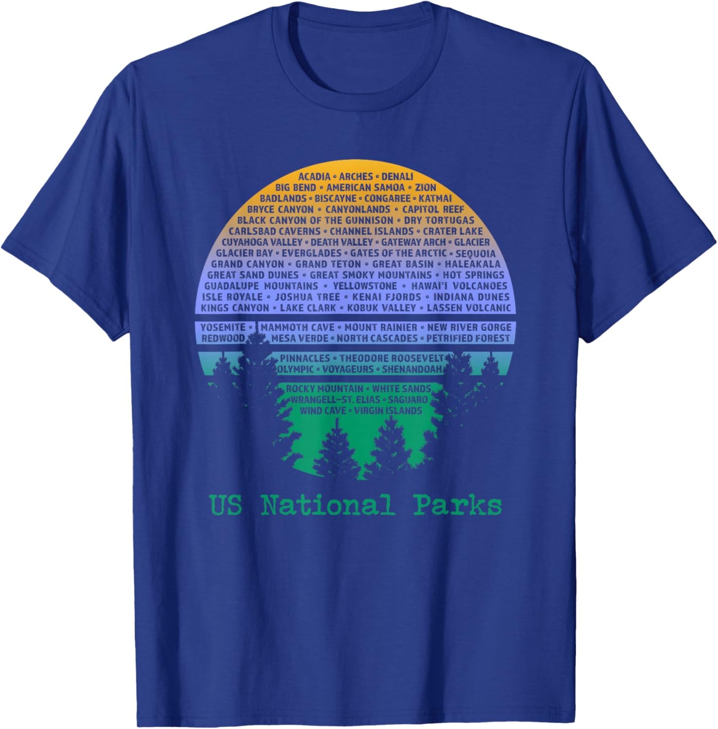 National Parks List Word Cloud Sunset Trees Men Women Kids T-Shirt - T-Shirt | Royal