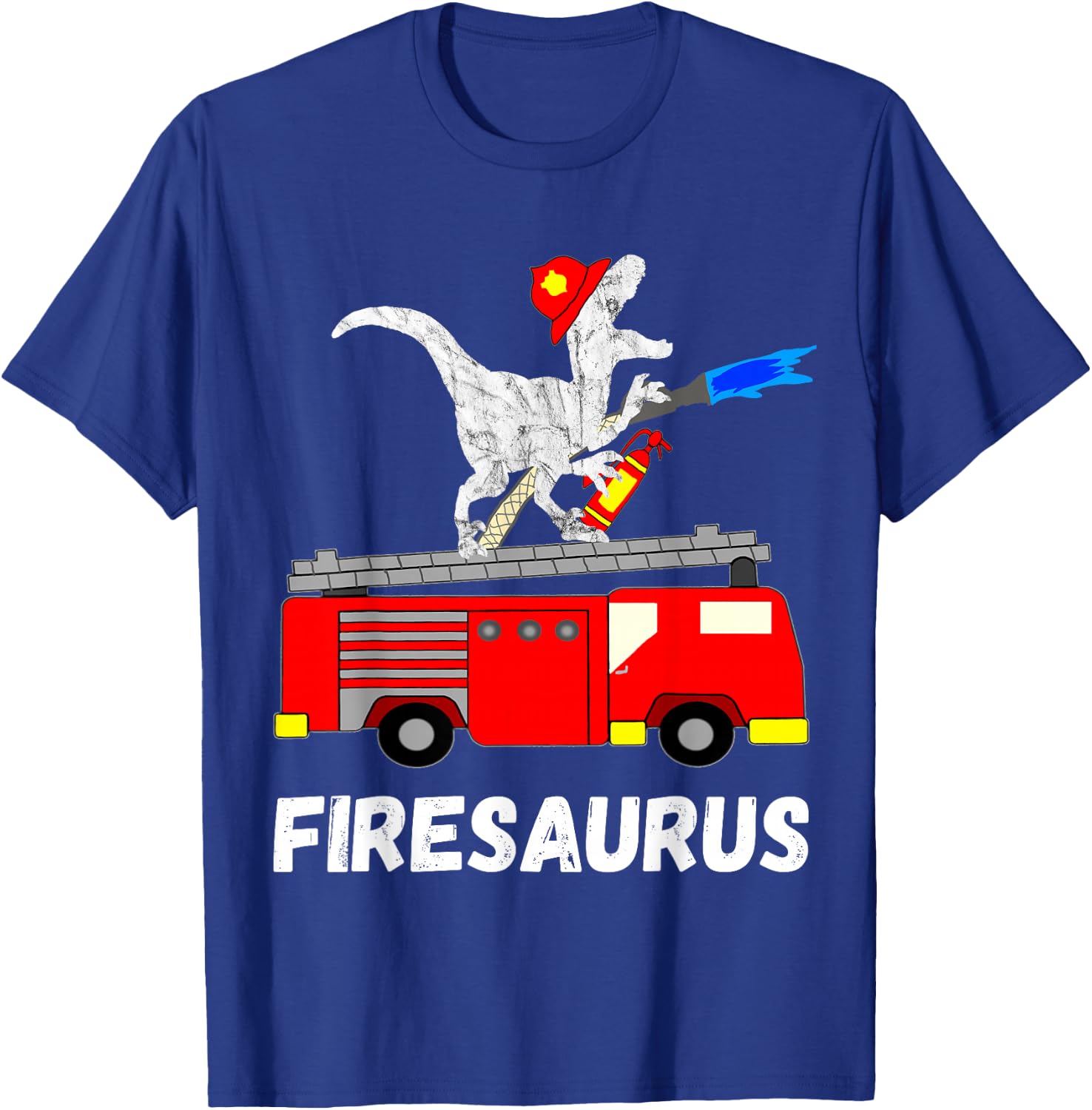 Fire Fighter Saurus Firetruck Fireman Dinosaur T Rex T-Shirt - T-Shirt | Royal
