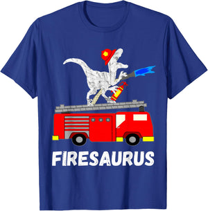 Fire Fighter Saurus Firetruck Fireman Dinosaur T Rex T-Shirt - T-Shirt | Royal