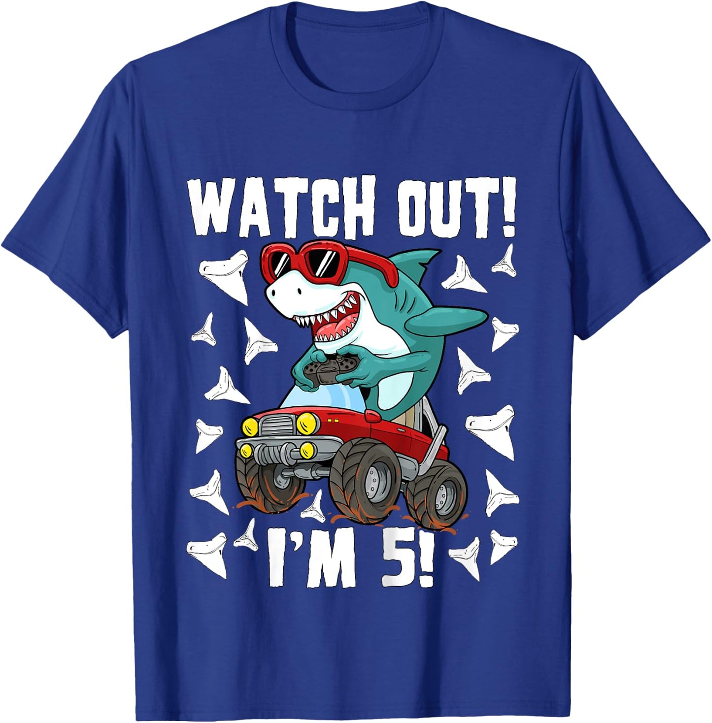 5 Years Old 5th Birthday Shark Boy Girl Monster Truck Gamer T-Shirt - T-Shirt | Royal