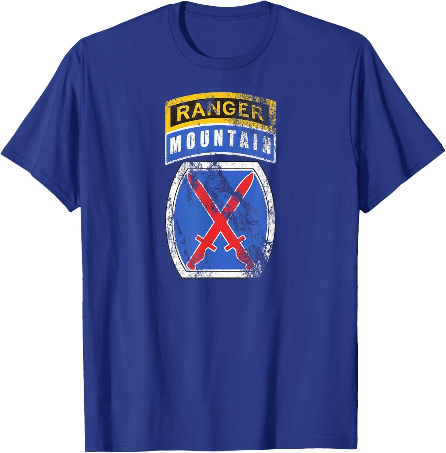 10th Mountain (MTN) Division Patch Ranger Tab Distressed T-Shirt - T-Shirt | Royal