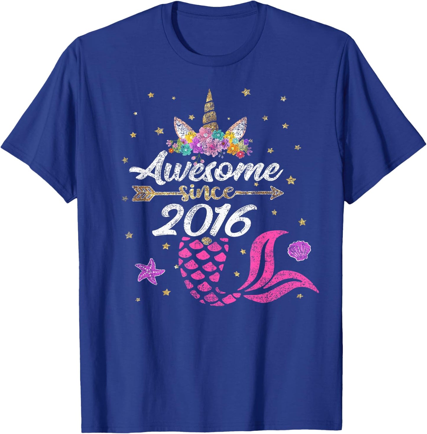 Unicorn Shirt Mermaid Birthday - Awesome Since 2016 Gift T-Shirt - T-Shirt | Royal