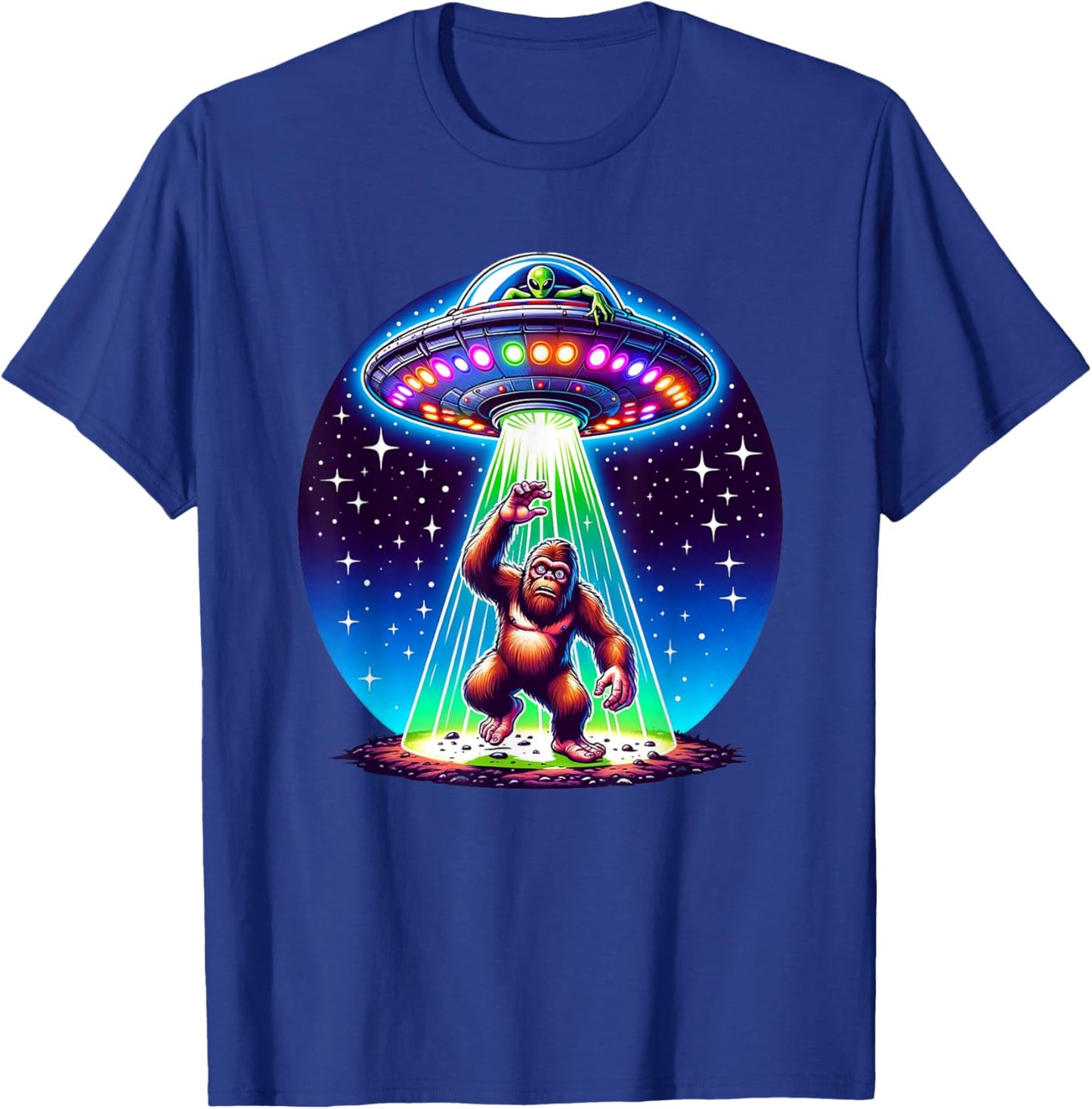Bigfoot Sasquatch Abduction Alien Invasion UFO Spaceship T-Shirt - T-Shirt | Royal