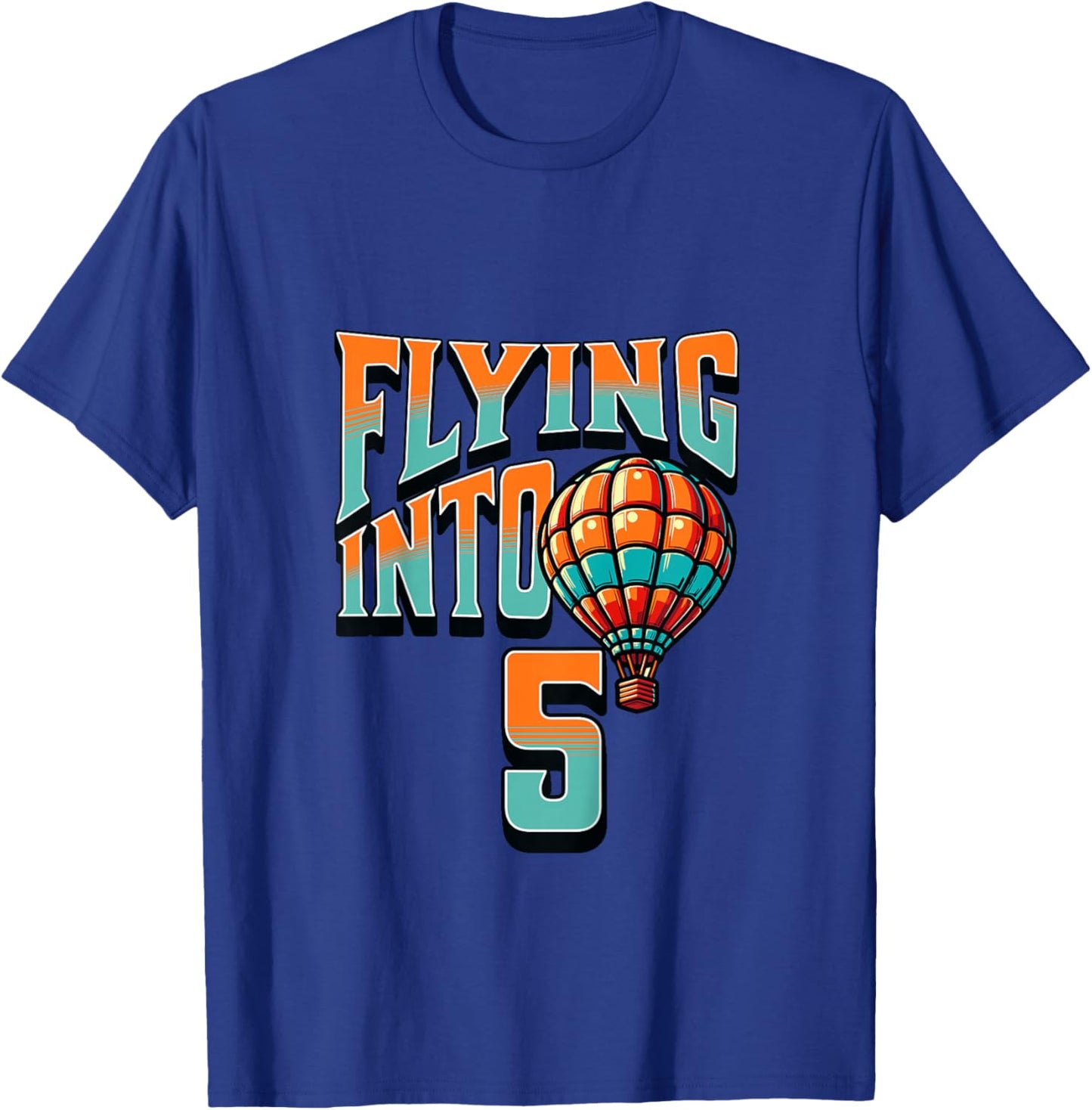 Kids Hot Air Balloon Flying Into 5 Year Old 5th Birthday Boy T-Shirt - T-Shirt | Royal