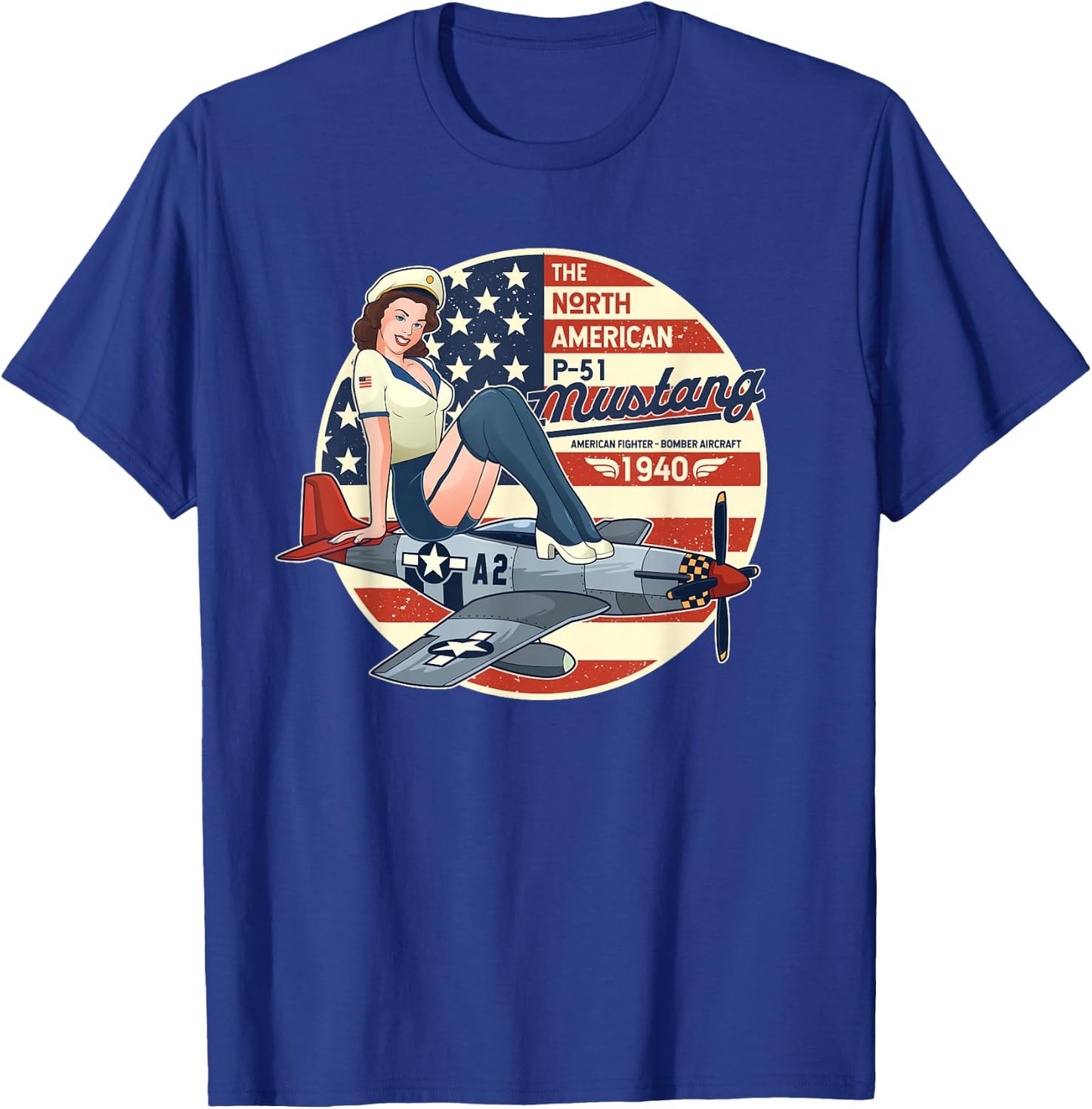 P51 Mustang T Shirt Airplane Shirts WWII Shirt Pinup T-Shirt - T-Shirt | Royal