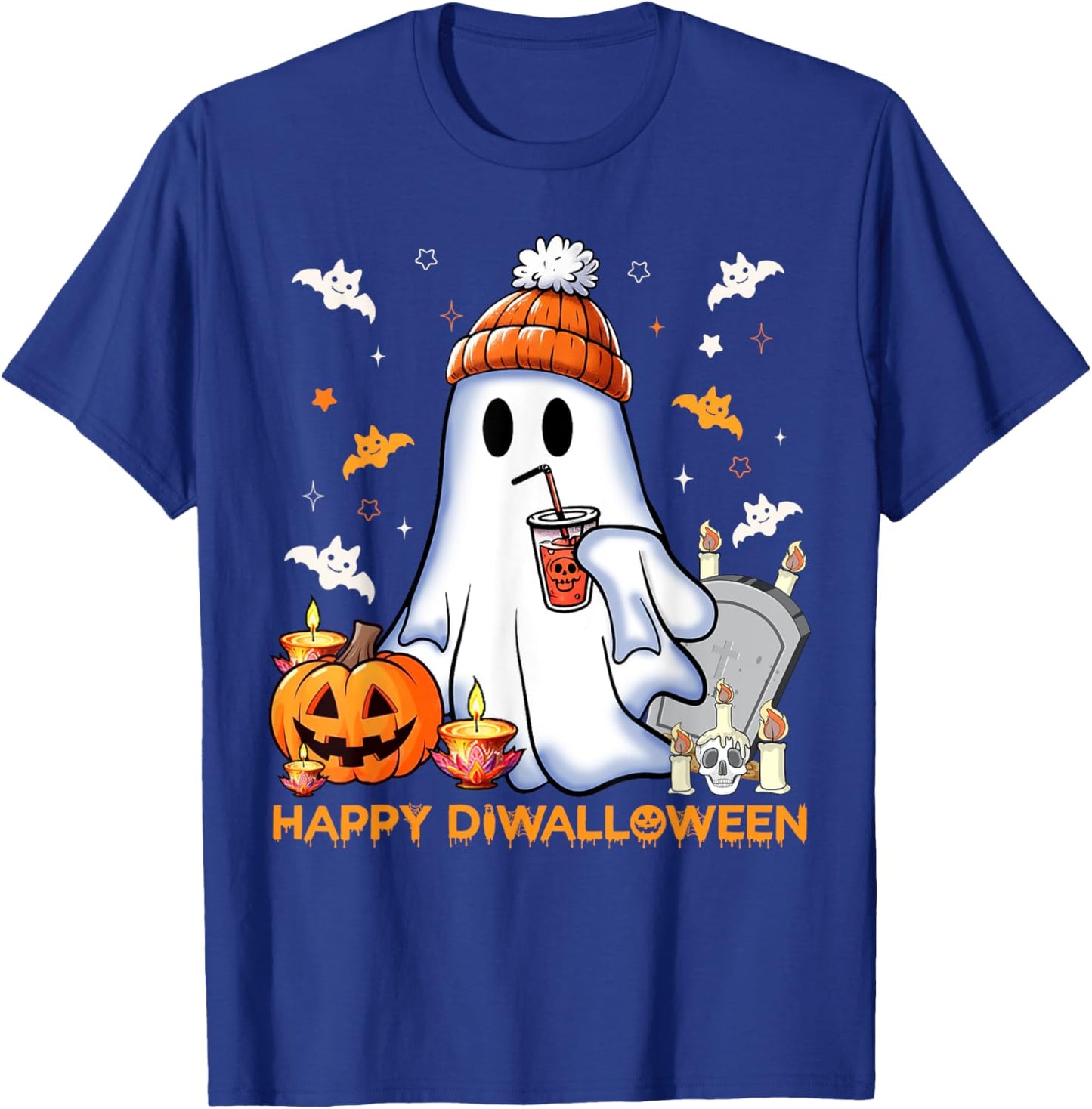 Happy Diwalloween Diwali Halloween Costume Adult Black Small Short Sleeve Modern Mandarin Collar Cartoon Applique Diwali Halloween Fusion T-Shirt - T-Shirt | Royal