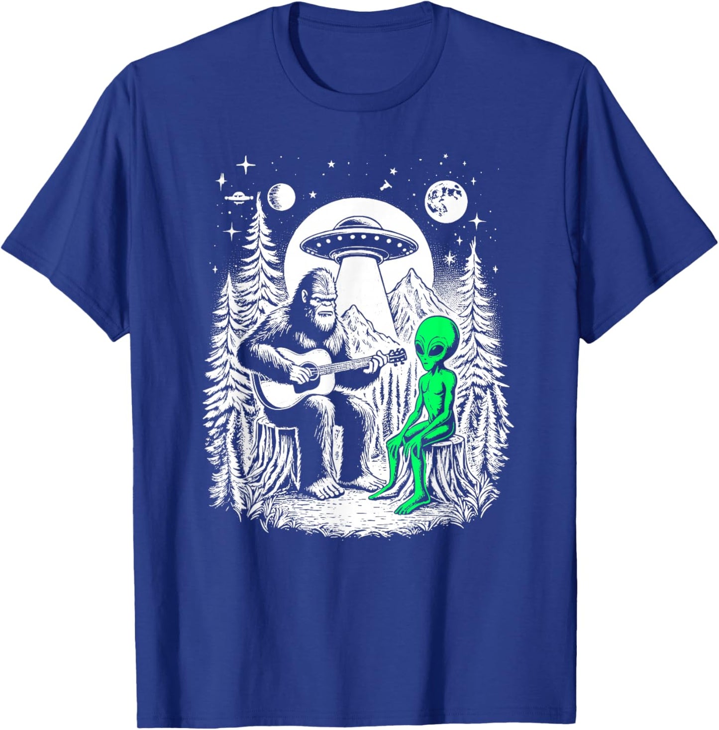 Bigfoot Plays Guitar Sasquatch Camping Big Foot UFO Alien T-Shirt - T-Shirt | Royal