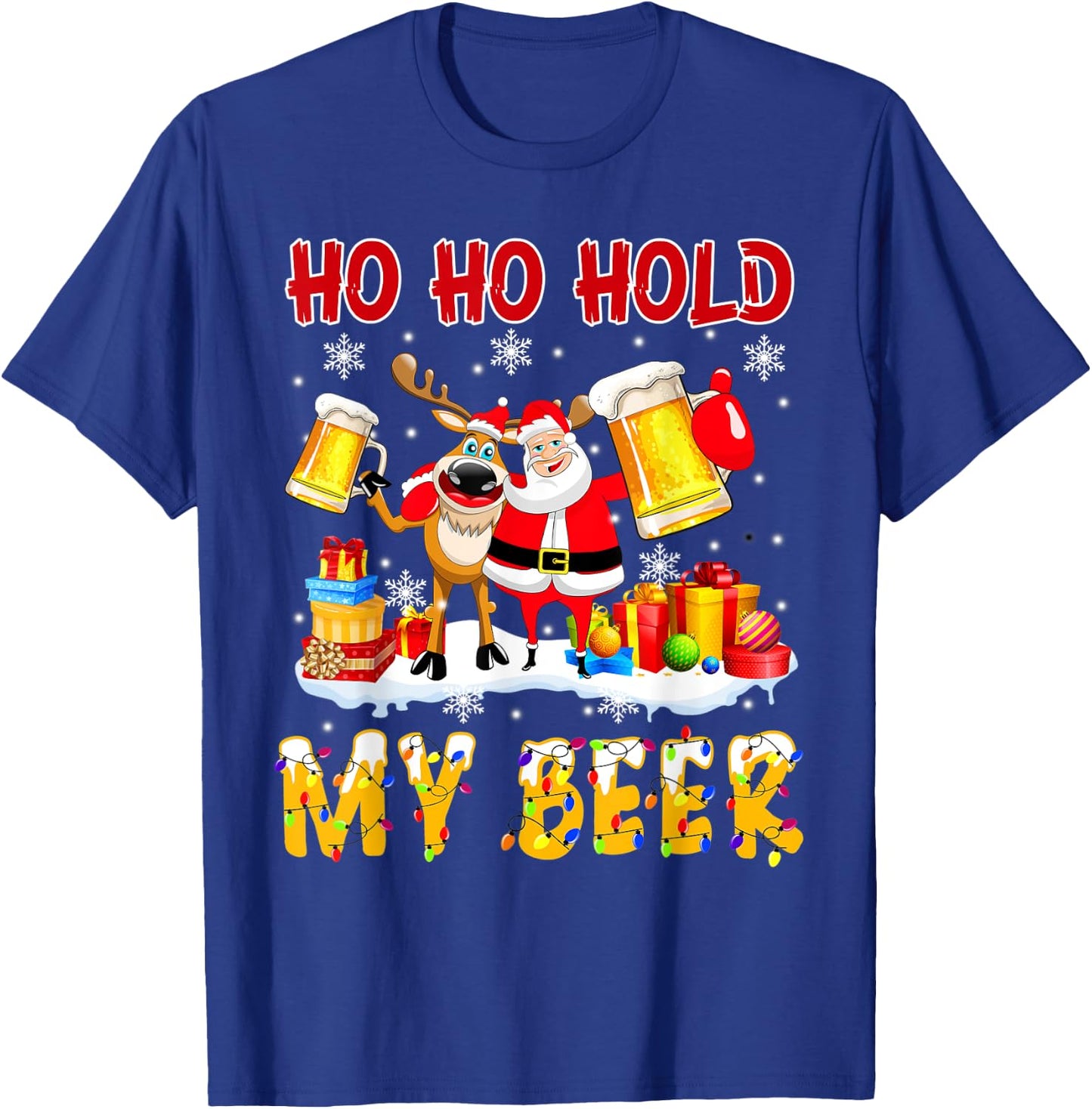 Ho Ho Hold My Beer Santa & Reindeer Beer Bestie T-Shirt - T-Shirt | Royal