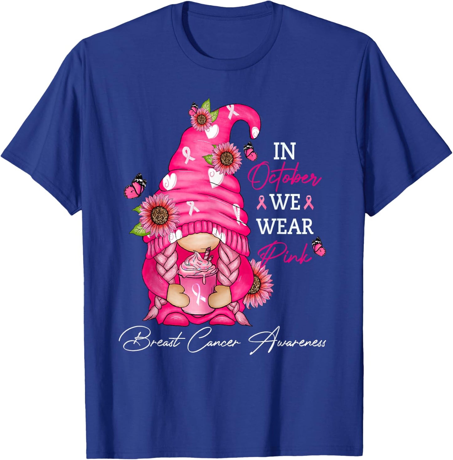 In October We Wear Pink Ribbon Breast Cancer Funny Gnome T-Shirt - T-Shirt | Royal