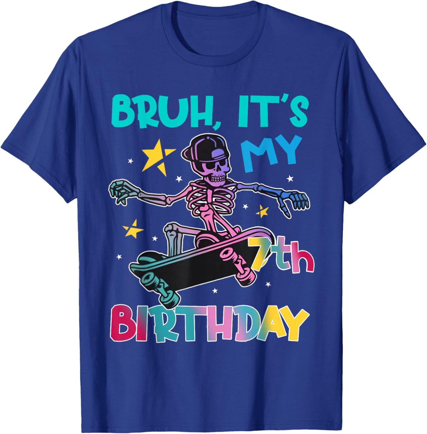 7th Birthday Skeleton Skateboard Skater Boys Kids 7 Year Old T-Shirt - T-Shirt | Royal