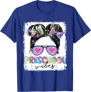 Preschool Vibes Messy Hair Bun Girl Back To School First Day T-Shirt - T-Shirt | Royal