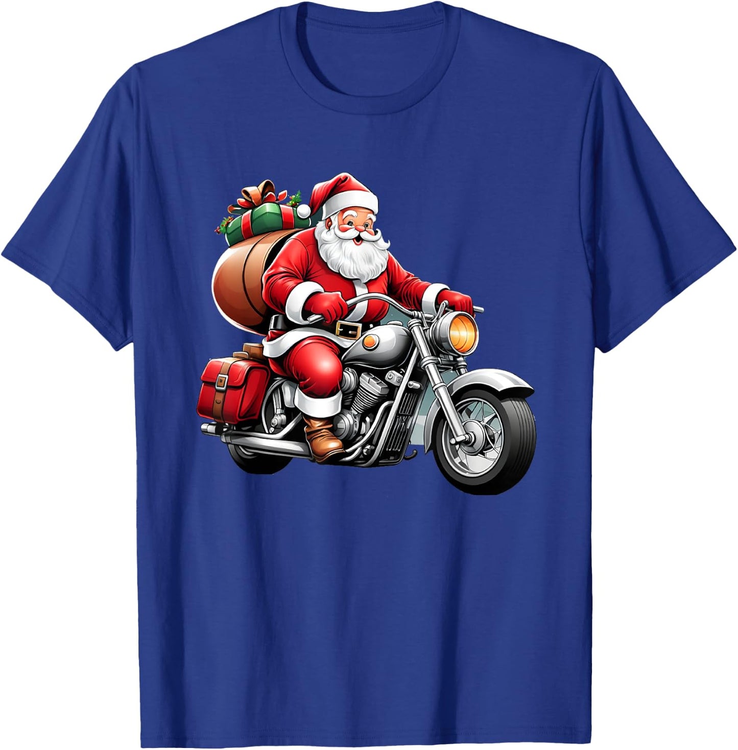 Santa Claus on a Motorcycle Delivering Gifts T-Shirt - T-Shirt | Royal