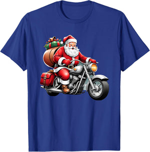 Santa Claus on a Motorcycle Delivering Gifts T-Shirt - T-Shirt | Royal