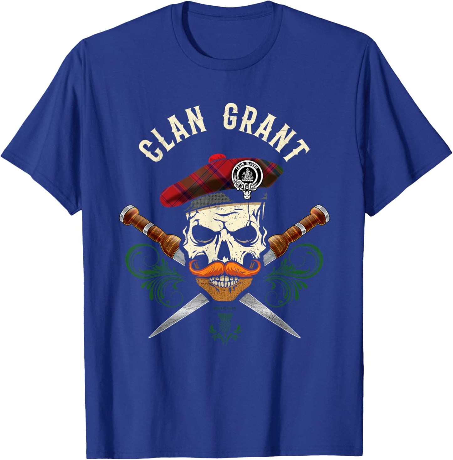 Scottish Clan Grant Surname Skull Dirks Tartan Badge T-Shirt - T-Shirt | Royal