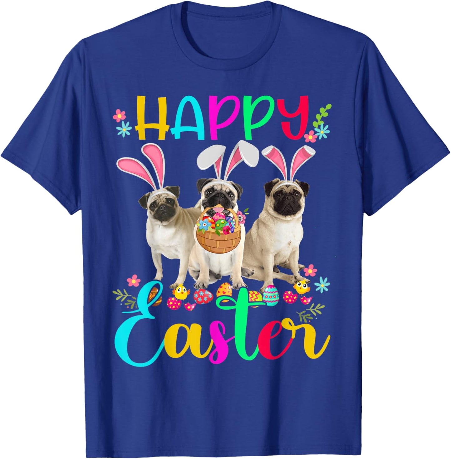 Happy Easter Three Pug Wearing Bunny Ear Pug Lover T-Shirt - T-Shirt | Royal