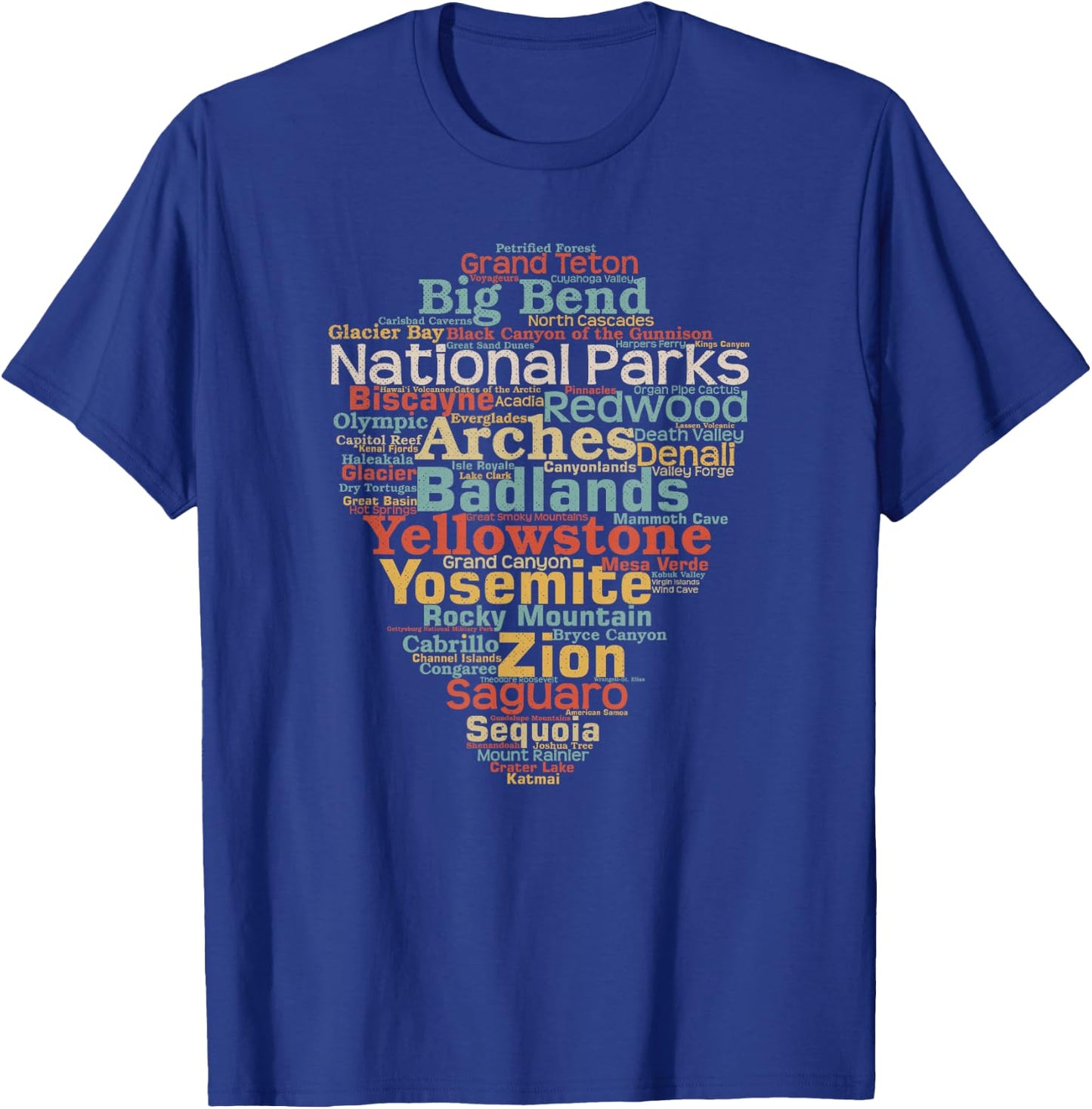 National Parks List Word Cloud Camping Hiking Men Women Kids Short Sleeve T-Shirt - T-Shirt | Royal