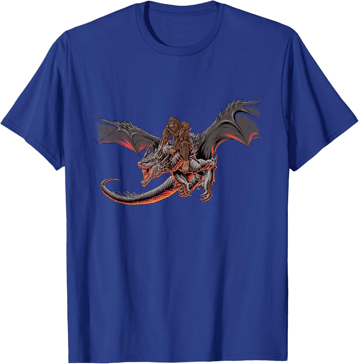 Bigfoot Riding A Dragon Looking at Dinosaurs - Sasquatch T-Shirt - T-Shirt | Royal