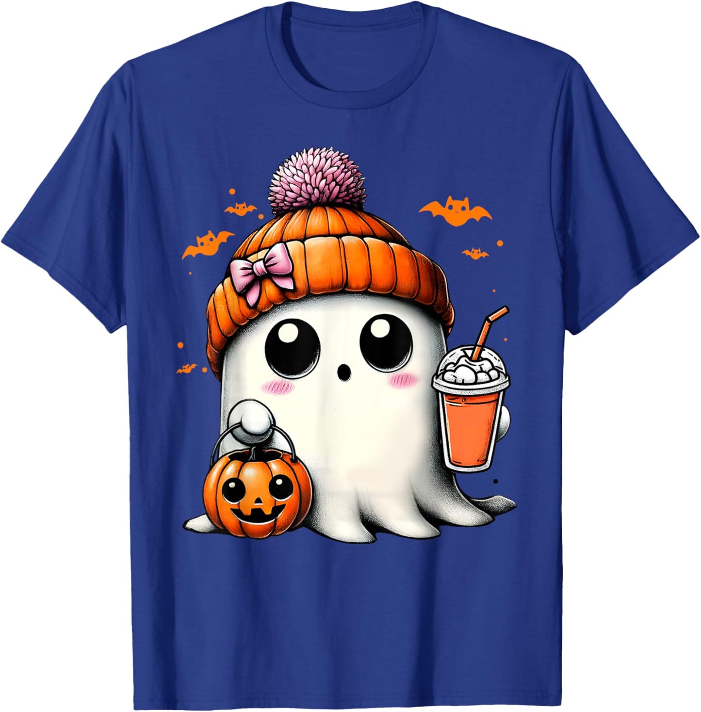 Cute Ghost Drinking Coffee Halloween Ghost Ice Coffee T-Shirt - T-Shirt | Royal