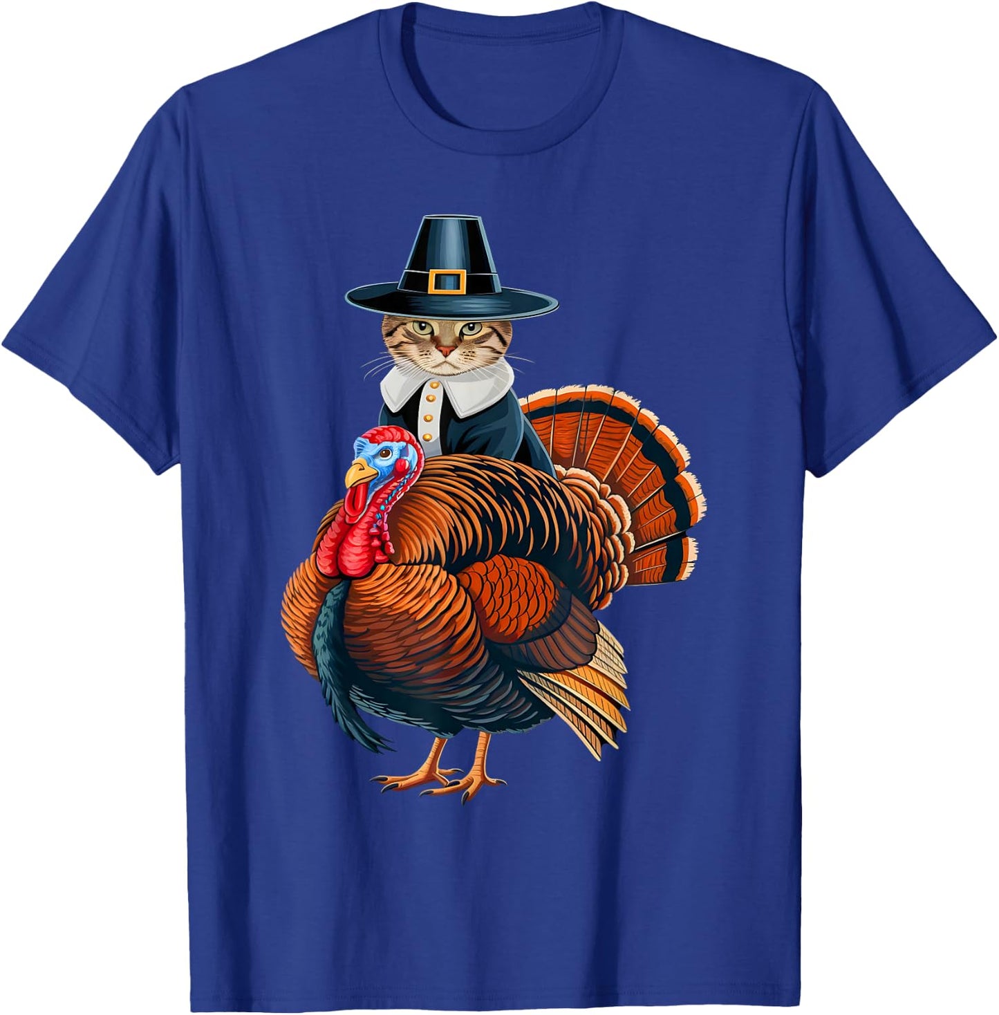 Pilgrim Cat With Turkey Funny Thanksgiving Cat And Turkey T-Shirt - T-Shirt | Royal
