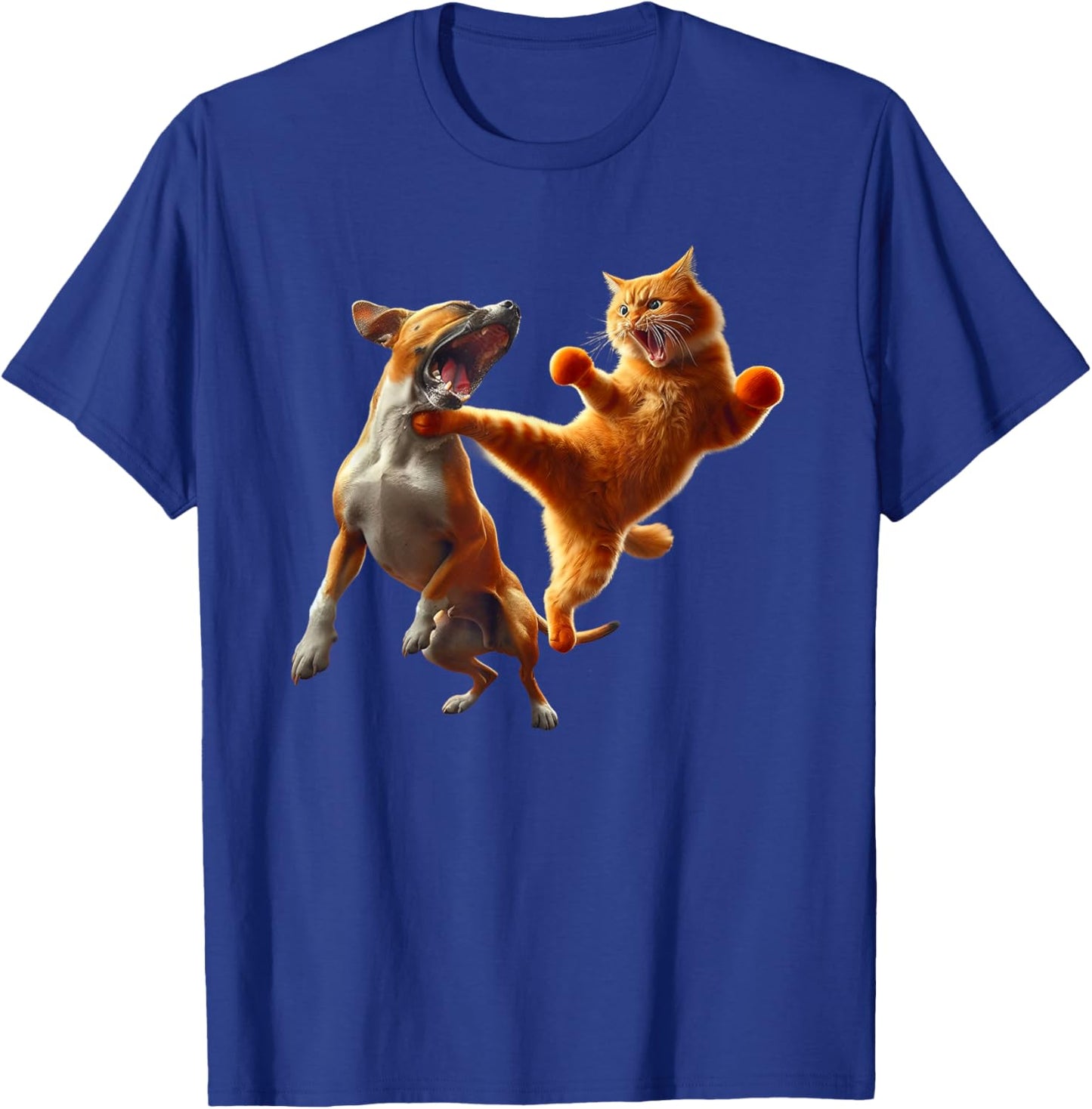Dog Vs Cat Kick Boxing Fighting Funny Cat Joke Pun Graphic T-Shirt - T-Shirt | Royal