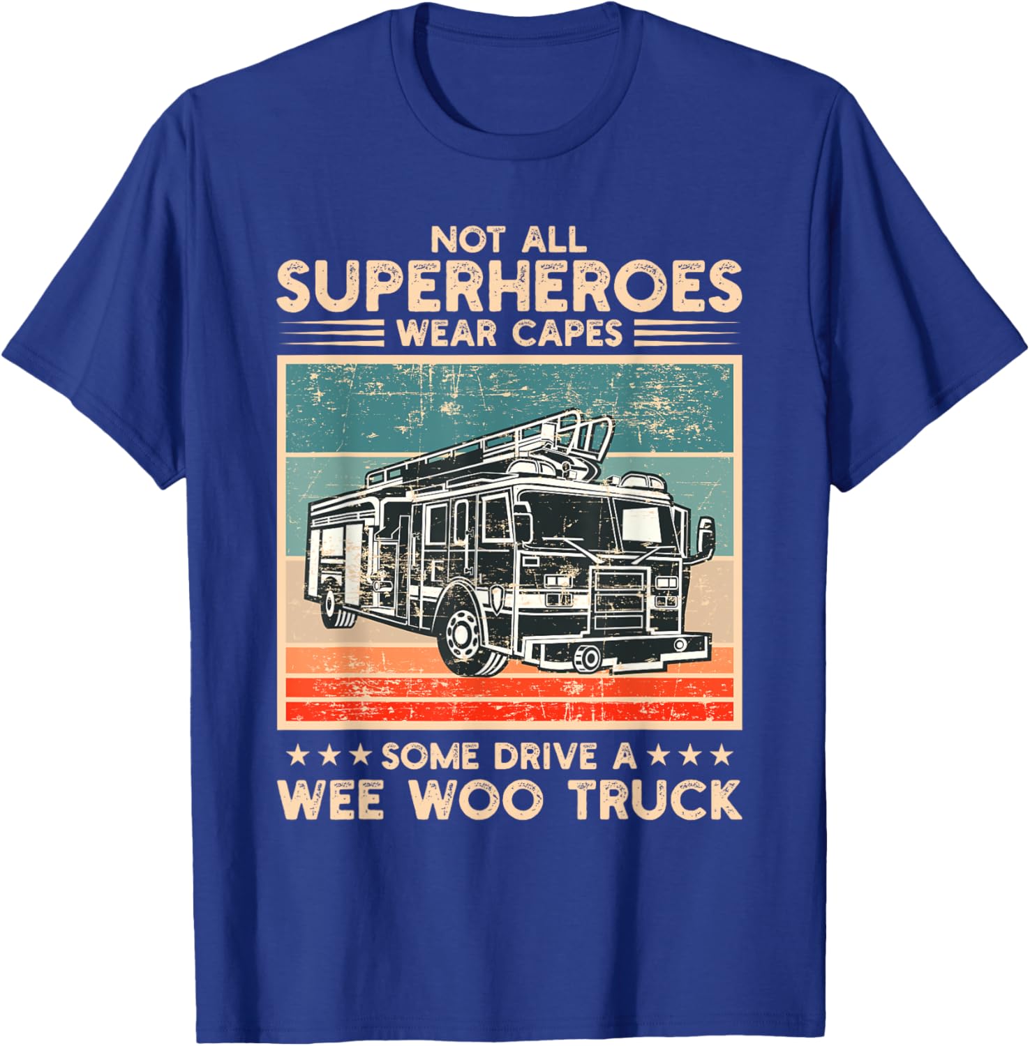 Wee Woo Fire Truck Co. Adult Superhero Humorous Modern Black , Small, Short Sleeve, Classic Fit, Crew Collar, , Cotton 65% Polyester 35% T-Shirt - T-Shirt | Royal