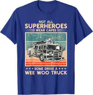 Wee Woo Fire Truck Co. Adult Superhero Humorous Modern Black , Small, Short Sleeve, Classic Fit, Crew Collar, , Cotton 65% Polyester 35% T-Shirt - T-Shirt | Royal