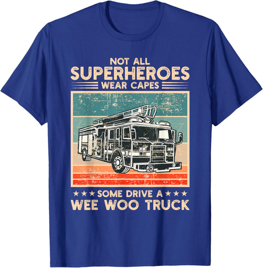 Wee Woo Fire Truck Co. Adult Superhero Humorous Modern Black , Small, Short Sleeve, Classic Fit, Crew Collar, , Cotton 65% Polyester 35% T-Shirt - T-Shirt | Royal