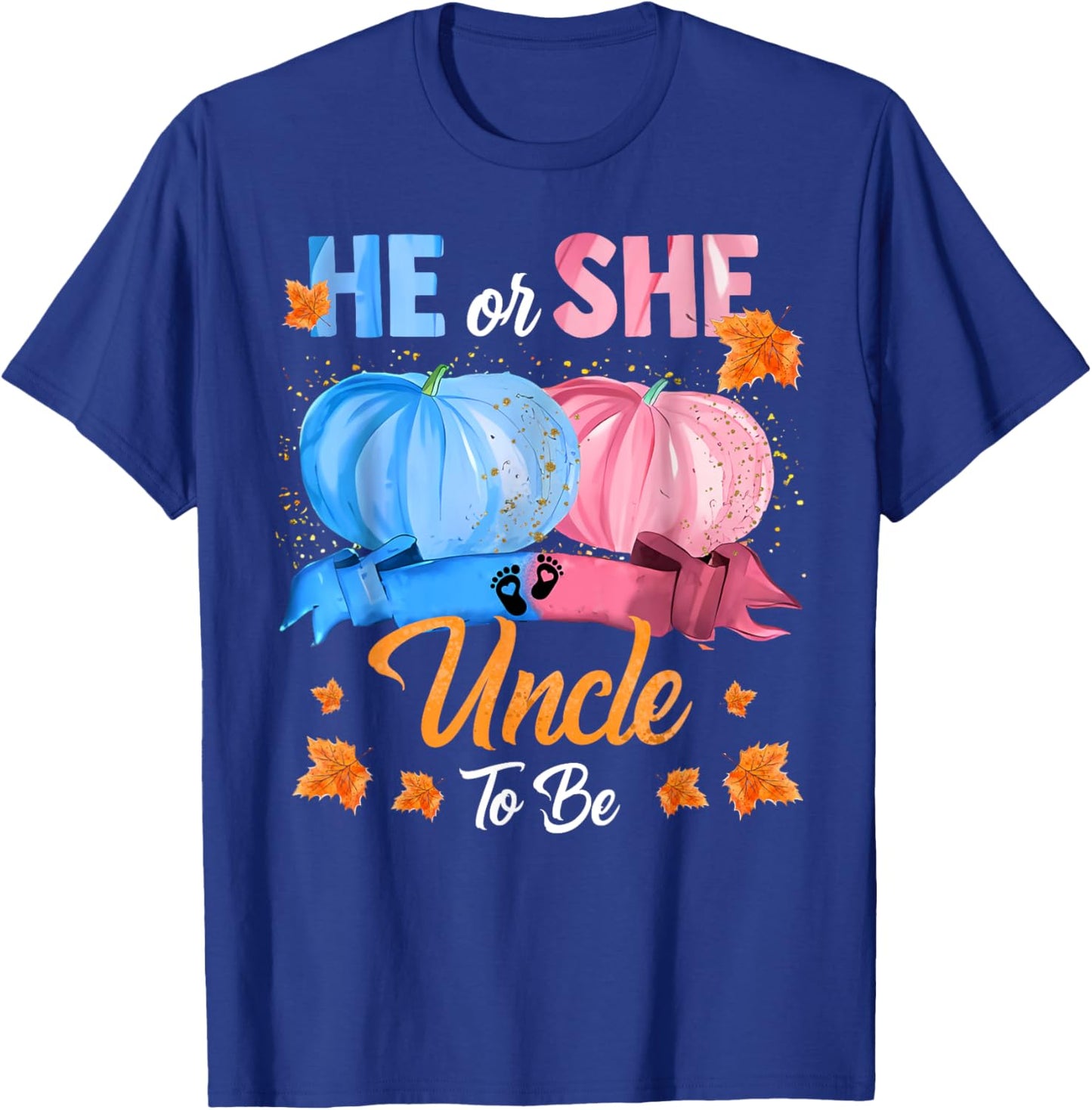 Halloween Pumpkin Gender Reveal He or She Uncle To Be T-Shirt - T-Shirt | Royal