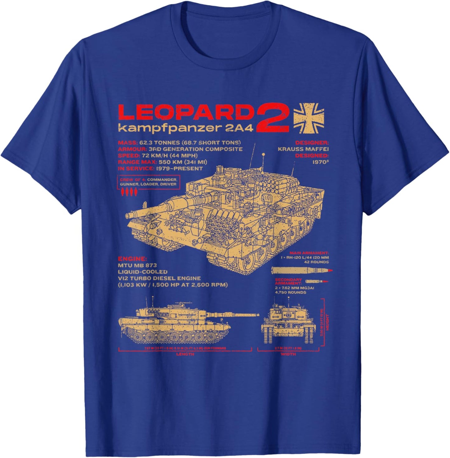 Leopard 2 2A4 Tank Armored Vehicle Blueprint T-Shirt - T-Shirt | Royal