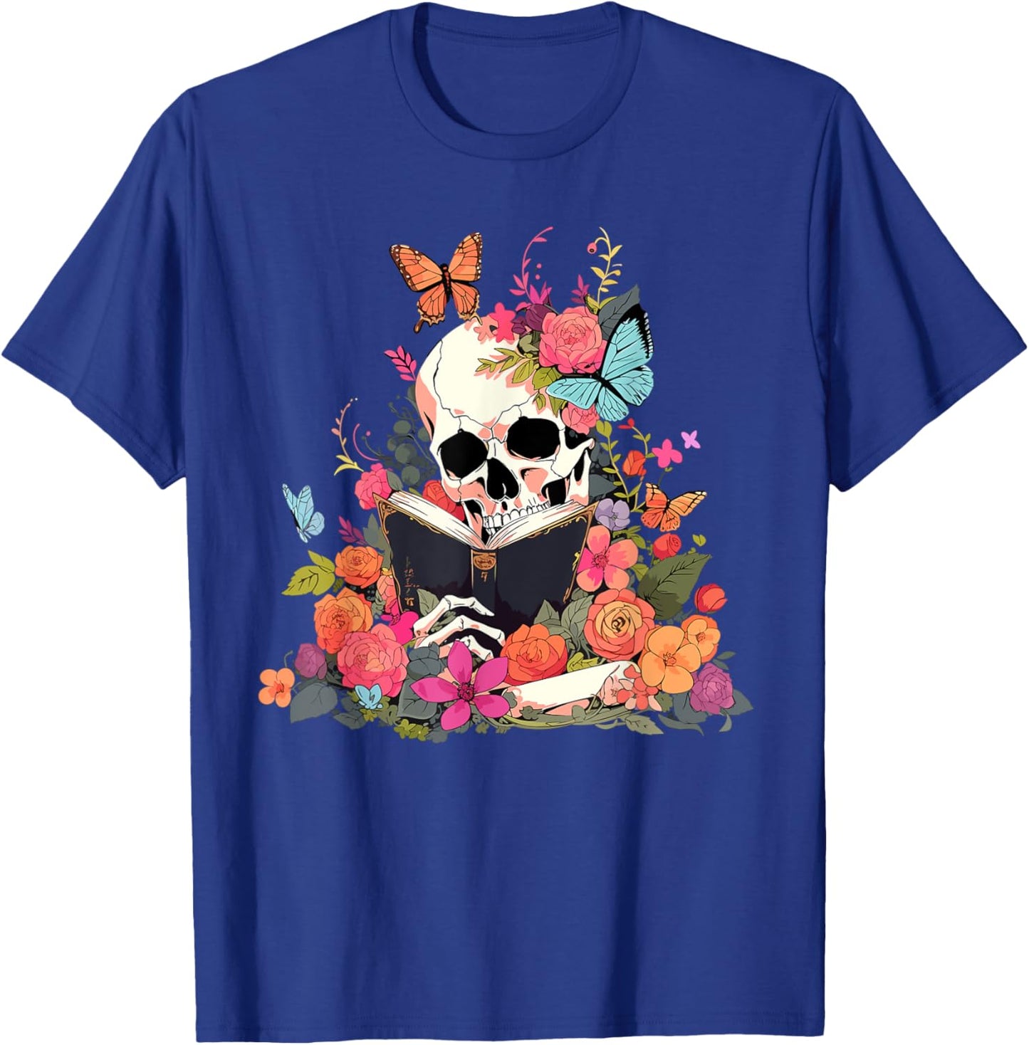 Book Reading Skull Skeleton Flowers Floral Bookish Butterfly T-Shirt - T-Shirt | Royal