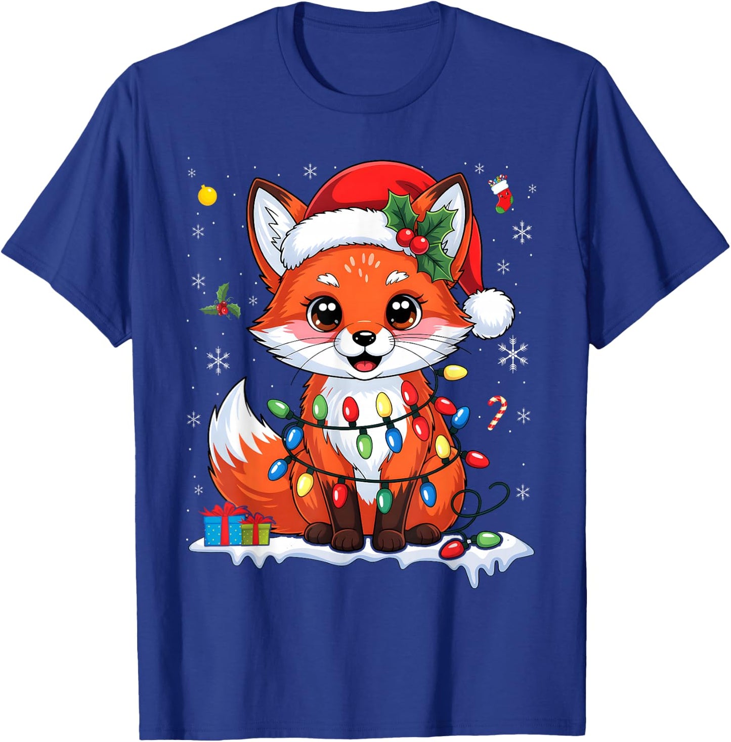 Merry Foxmas Christmas Lights Cute Fox Santa Hat T-Shirt - T-Shirt | Royal