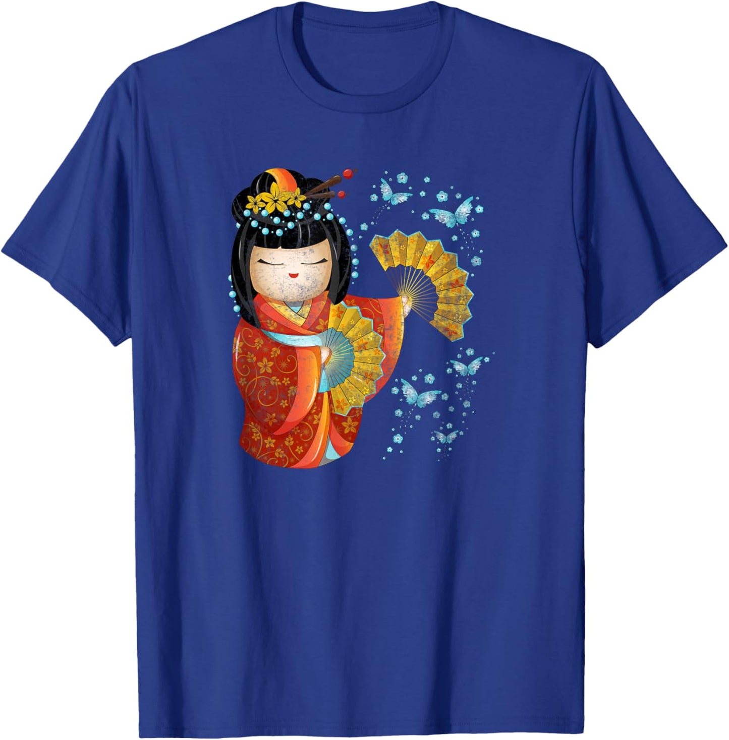 Kawaii Japanese Kokeshi Doll Kimono Geisha Butterflies T-Shirt - T-Shirt | Royal