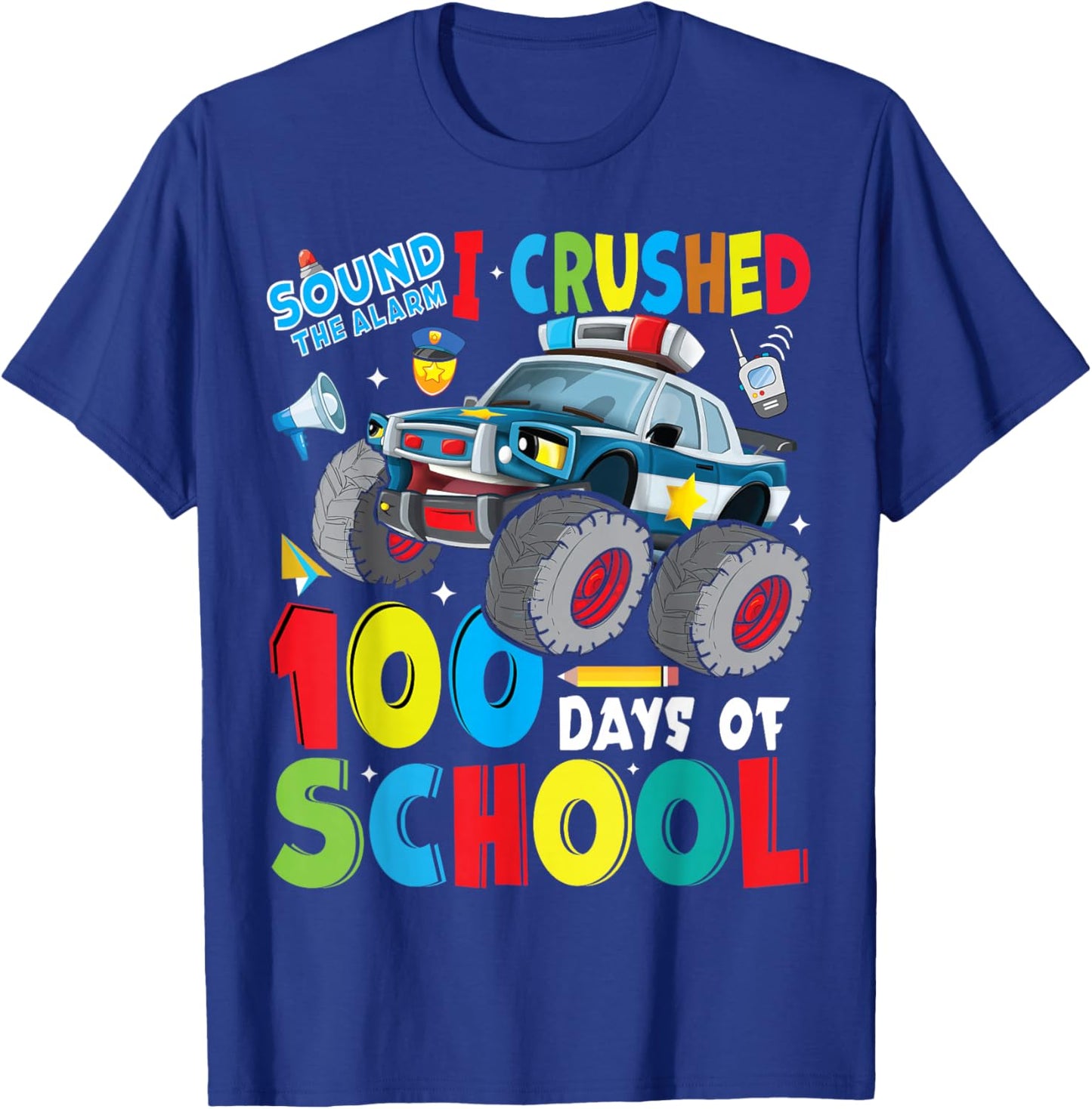 Monster Truck Police Car 100 Days of School Teachers Boys T-Shirt - T-Shirt | Royal