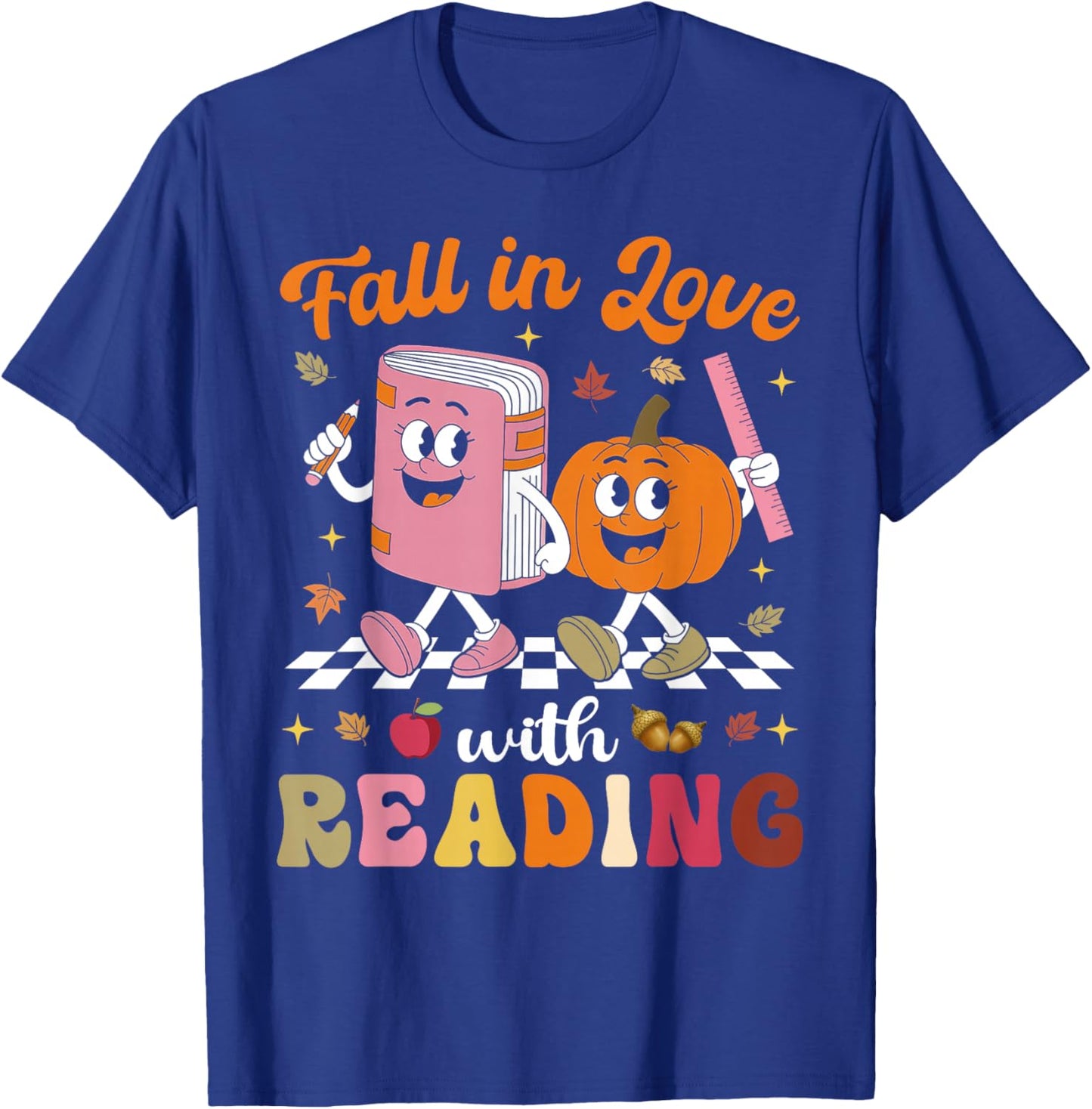 Retro Fall in Love with Learning Pumpkin Autumn Teacher T-Shirt - T-Shirt | Royal