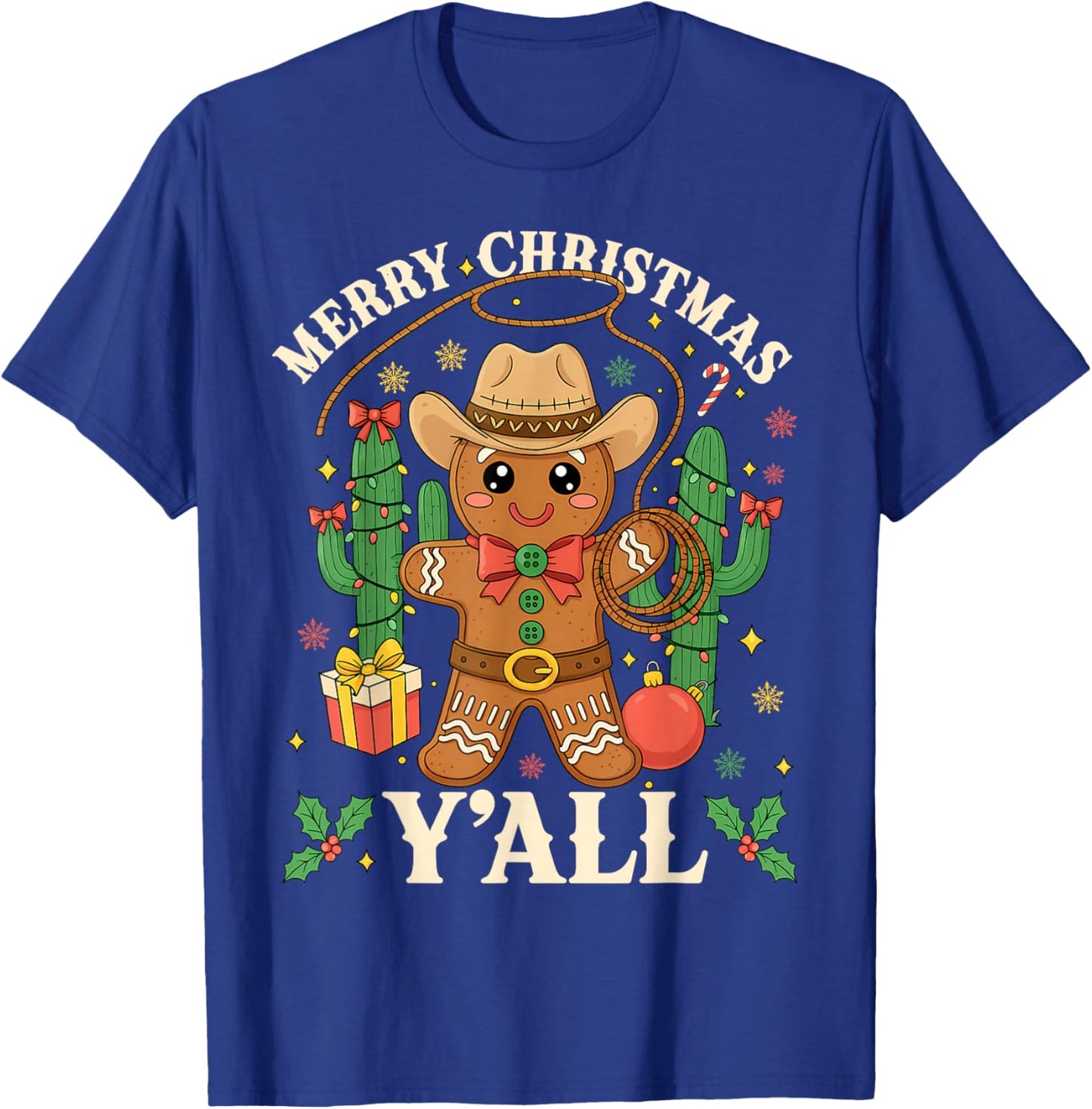Merry Christmas Yall Gingerbread Cowboy Cowgirl Howdy Xmas T-Shirt - T-Shirt | Royal