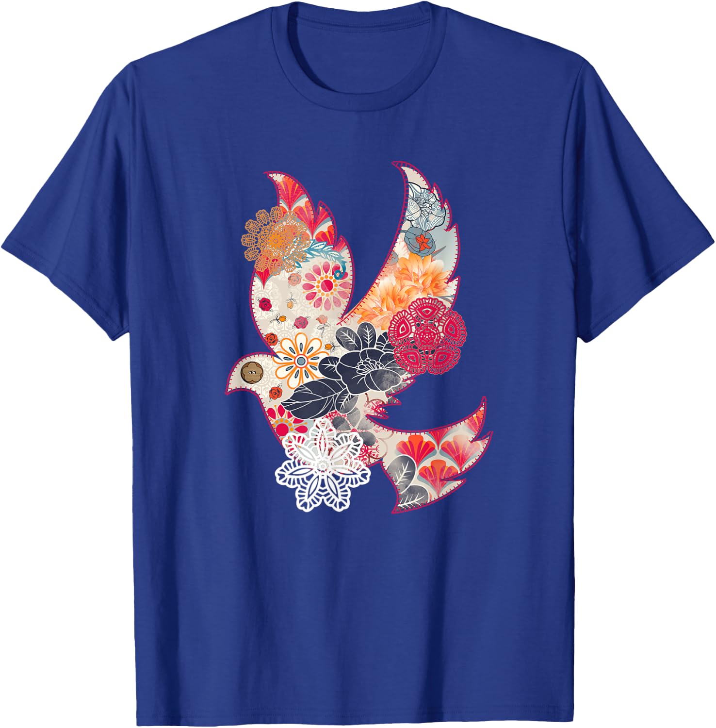 Beautiful Dove Bird Flying Floral Flower Pattern Artwork T-Shirt - T-Shirt | Royal