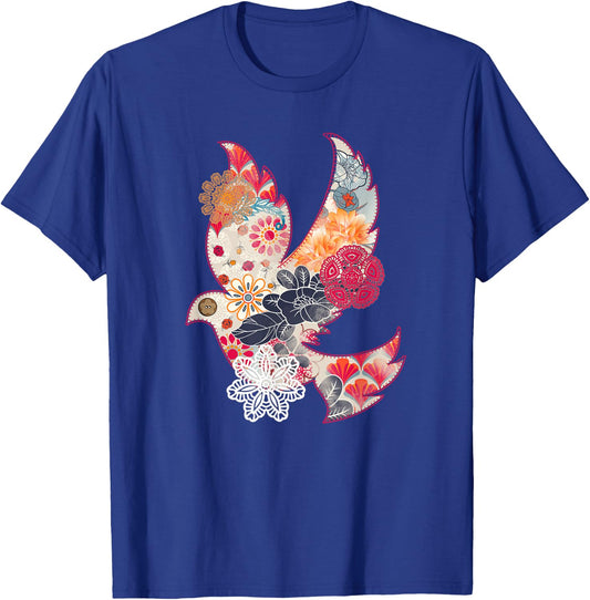 Beautiful Dove Bird Flying Floral Flower Pattern Artwork T-Shirt - T-Shirt | Royal