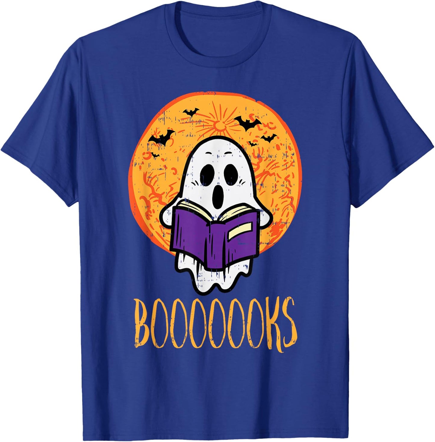 Boooks Moon Ghost Reading Halloween Bookworm Librarian Book T-Shirt - T-Shirt | Royal