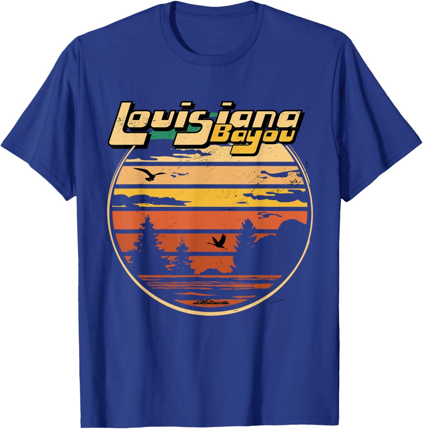 Louisiana Bayou Retro Vintage Distressed Swamp Landscape T-Shirt - T-Shirt | Royal