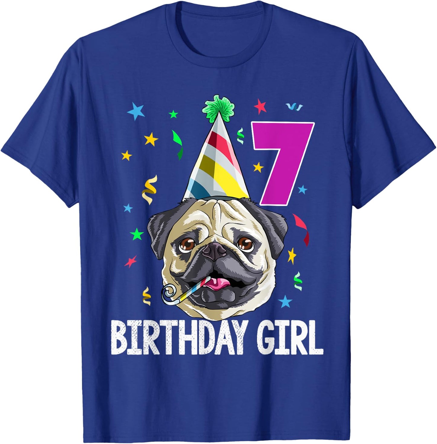 Pug Birthday Girl 7th 7 T Shirt Kids Girls Gift Party T-Shirt - T-Shirt | Royal