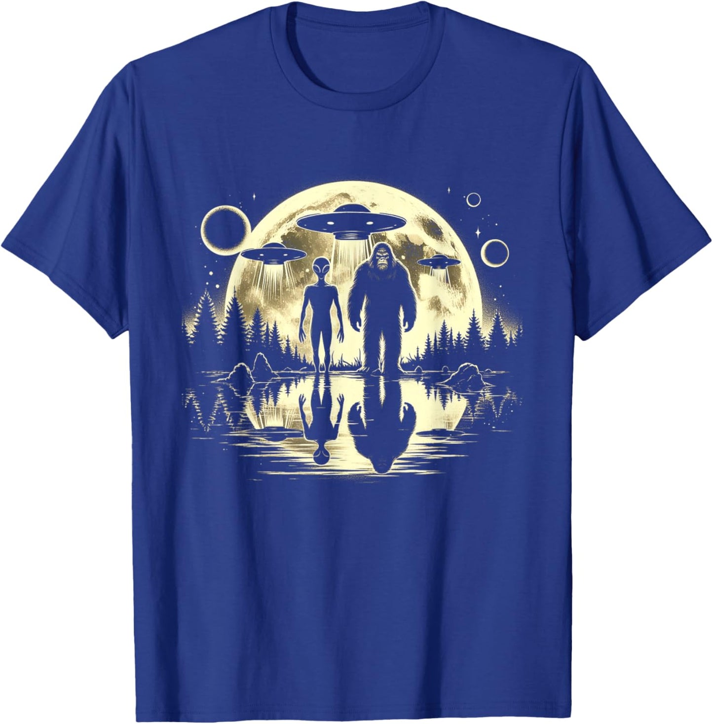 Bigfoot and Alien Moon UFO Extraterrestrial Sasquatch Gifts T-Shirt - T-Shirt | Royal