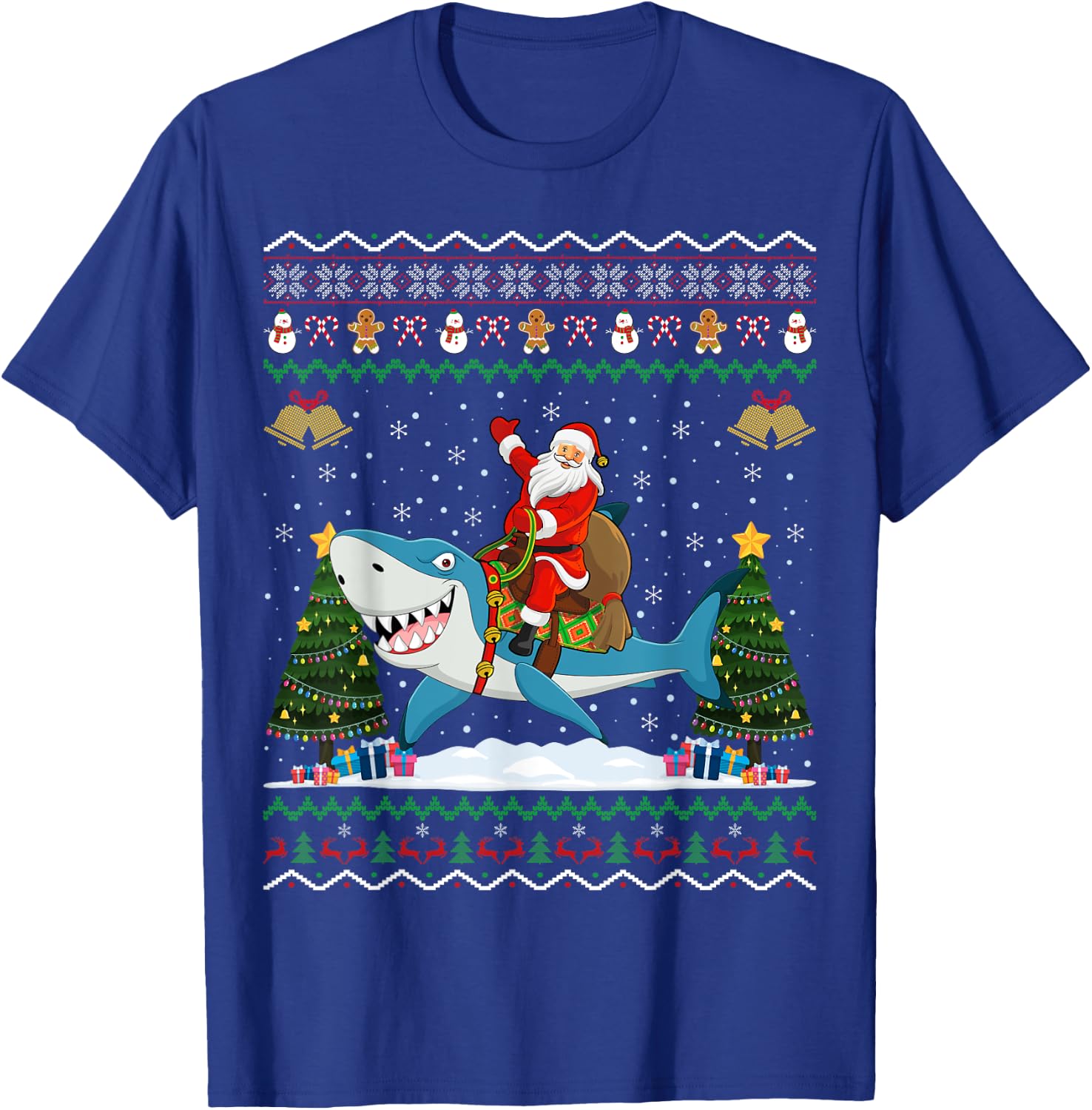 Shark Ugly Xmas Gift Santa Riding Shark Christmas T-Shirt - T-Shirt | Royal