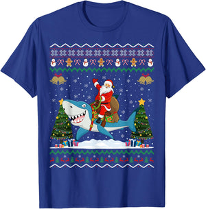 Shark Ugly Xmas Gift Santa Riding Shark Christmas T-Shirt - T-Shirt | Royal