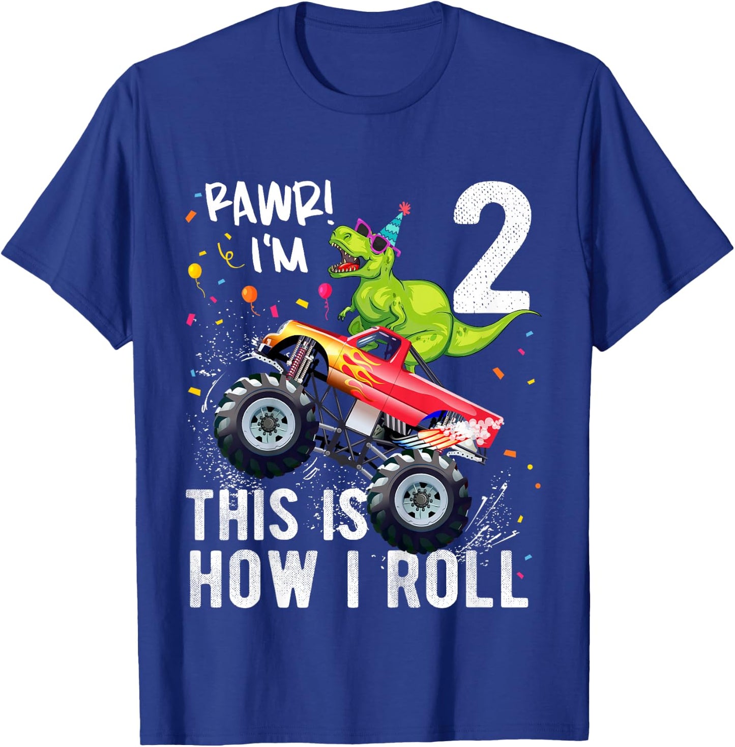 Kids T Rex Dinosaur Monster Truck 2nd Birthday Boys and Girls T-Shirt - T-Shirt | Royal