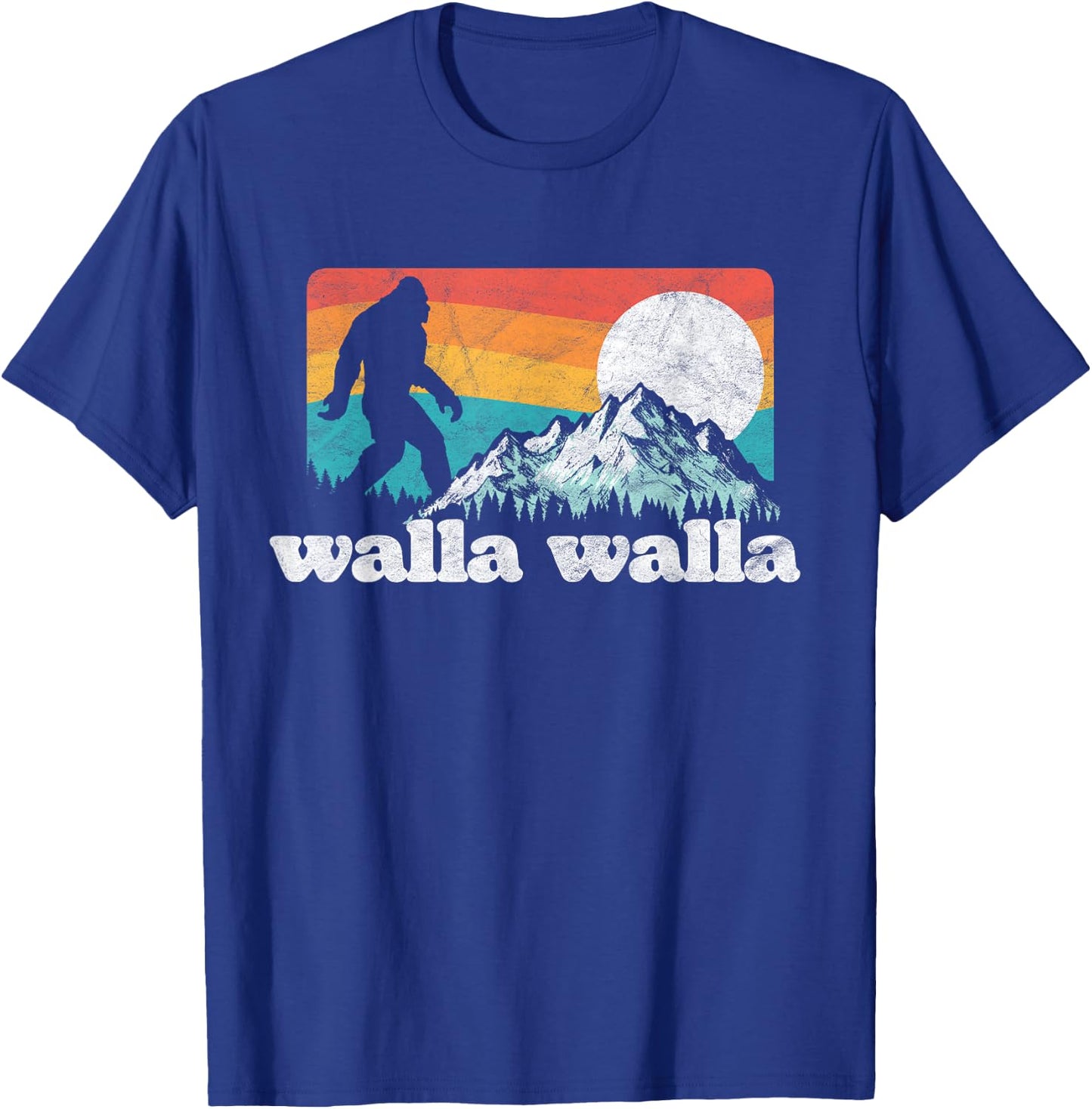 State Of Washington Sasquatch Garage Walla Walla Washington Bigfoot Mountains Retro Distressed T-Shirt - T-Shirt | Royal
