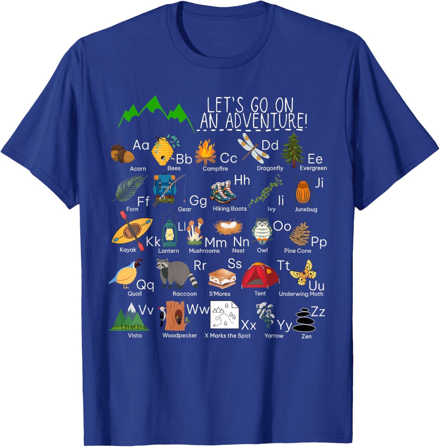 Retro Adventure Camping Alphabet ABCs Hiker Mountains Camp T-Shirt - T-Shirt | Royal