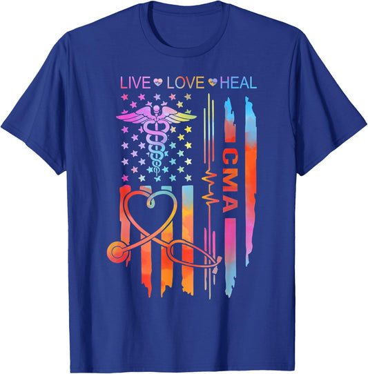 Patriotic CMA Certified Medical Assistant Flag USA Tie Dye T-Shirt - T-Shirt | Royal