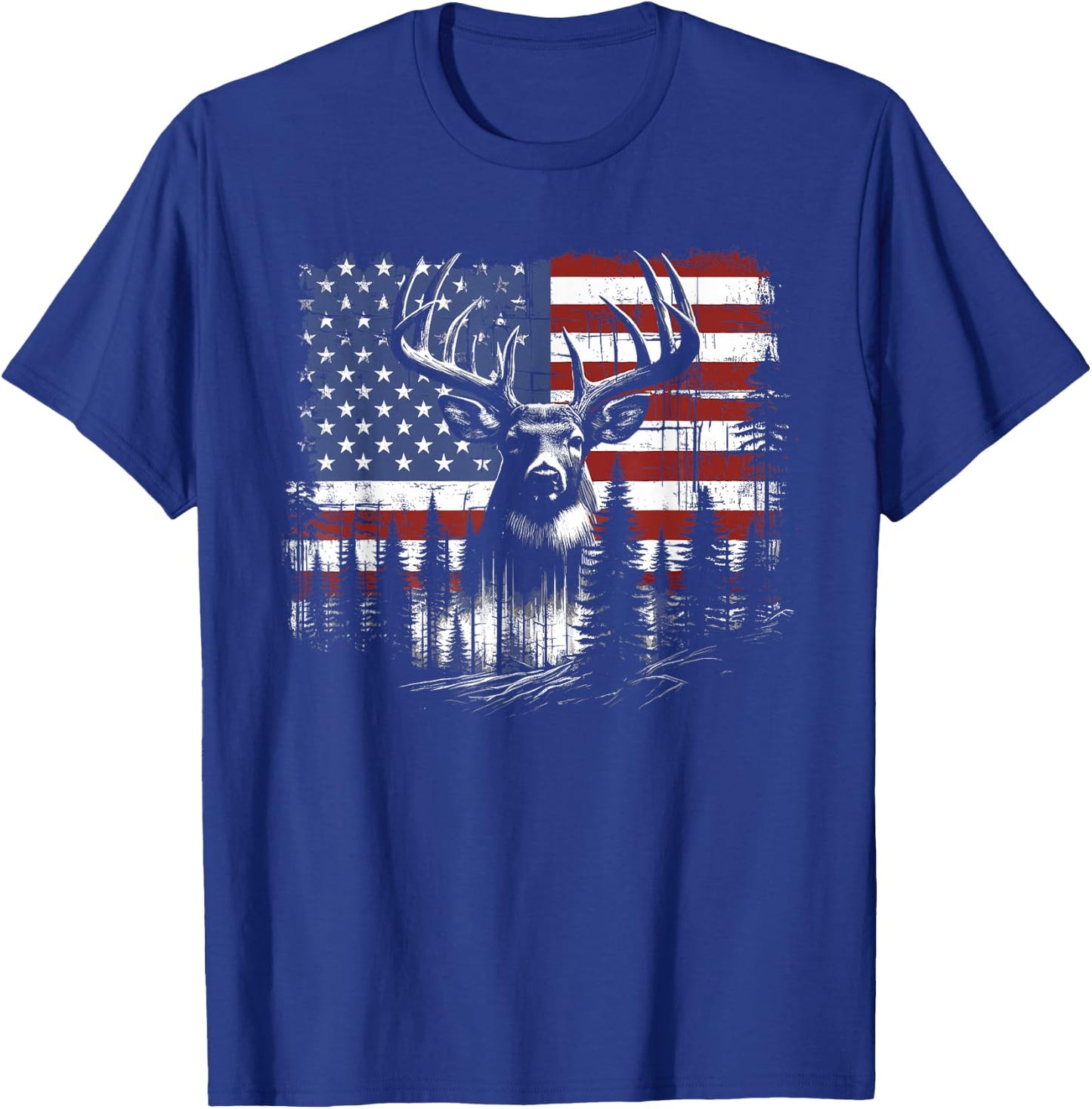 Deer Hunting American Flag Whitetail Buck Antlers T-Shirt - T-Shirt | Royal