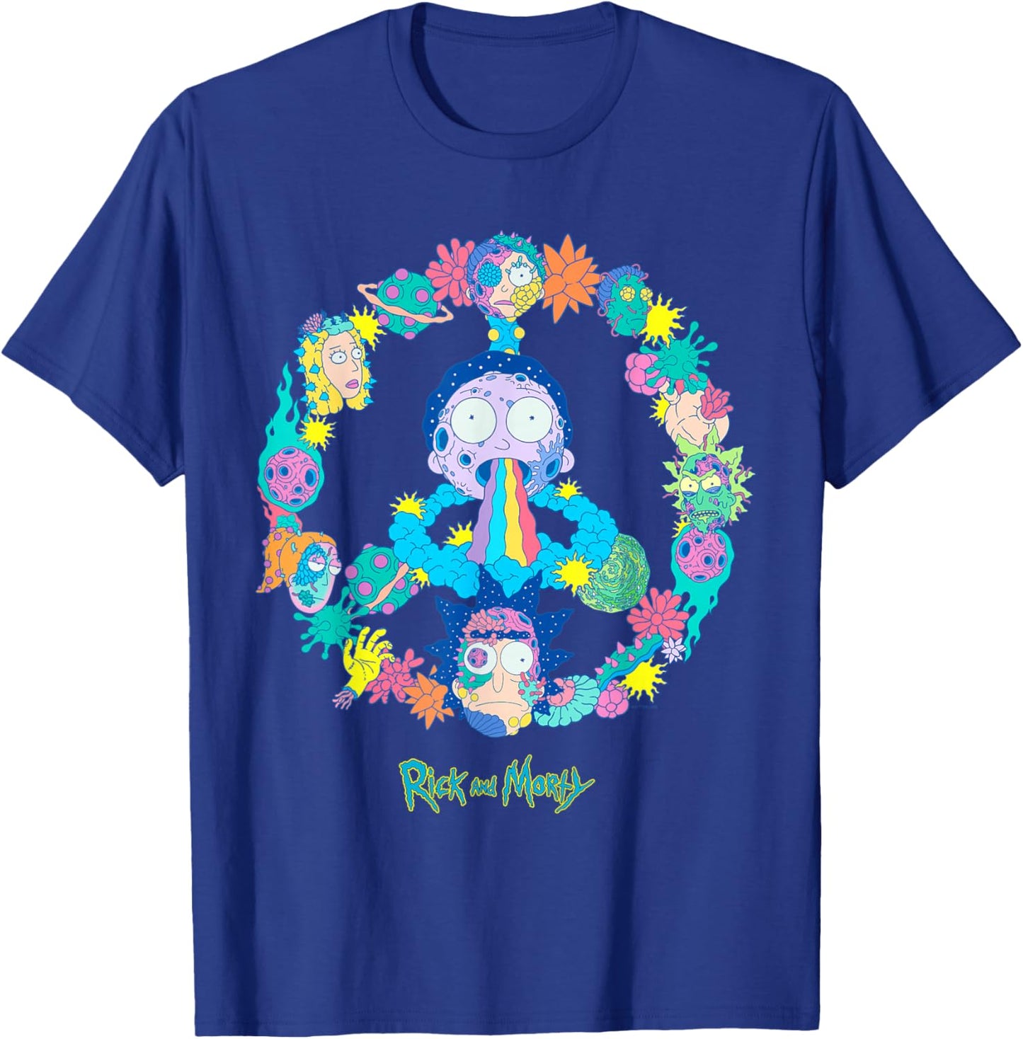 Rick and Morty Peace Sign Vivid Alien Adult Cartoon Fashion T-Shirt - T-Shirt | Royal